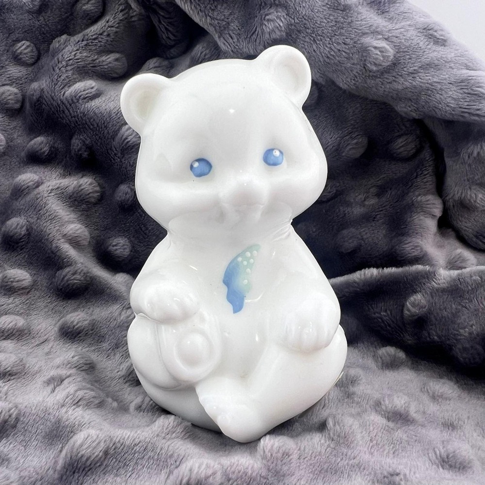 Fenton White Glass Bear Blue Floral Hand Painted Signed S Jackson Collectible